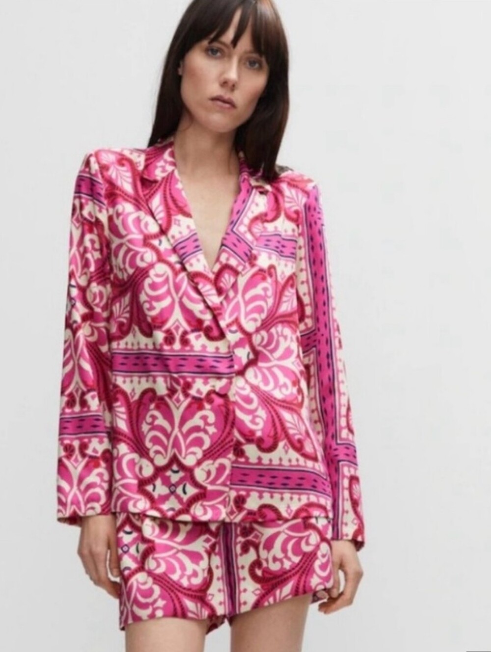 XS Mango Silky Fuchsia & Cream Printed Blazer and Shorts Set